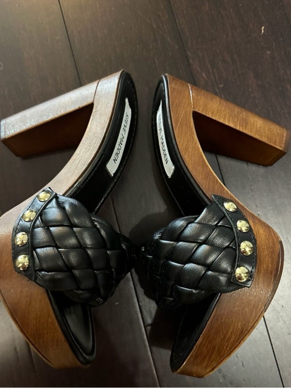 Steve Madden Black Braided Leather Platform Clogs with Gold Studs